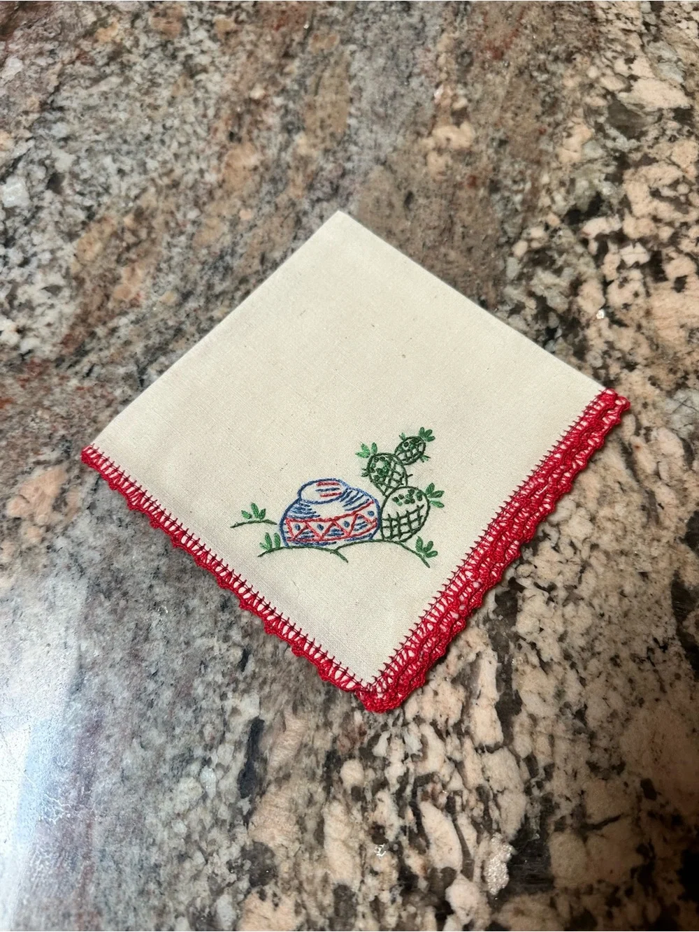 Embroidered Cactus Napkin Set with Red Crochet Edge